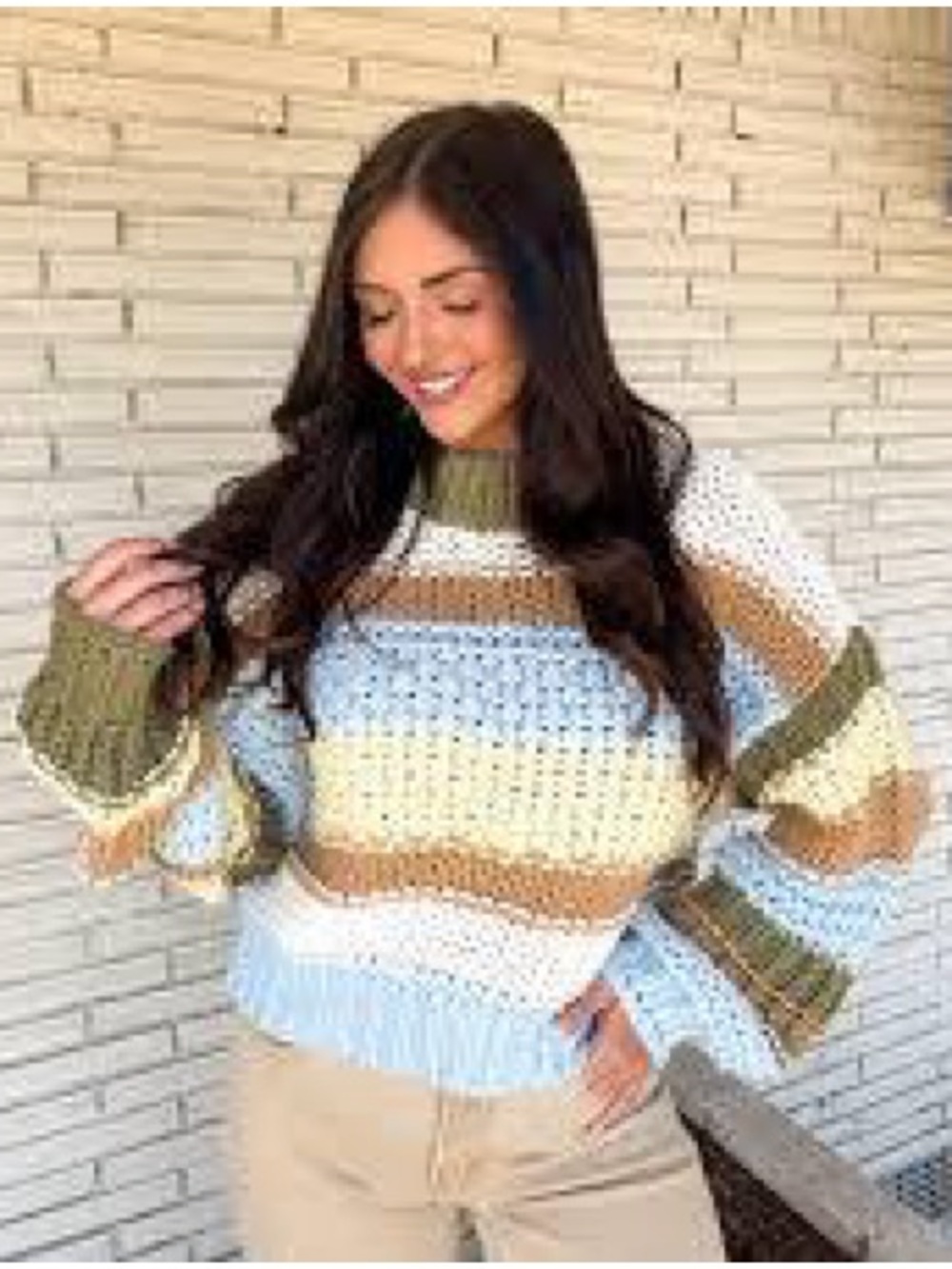 emory park Striped Cowl-Neck Sweater in Blue, Cream & Olive